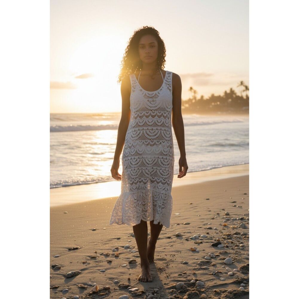 Miken White Lace Racerback Swim Coverup Dress M Boho Style Swimwear